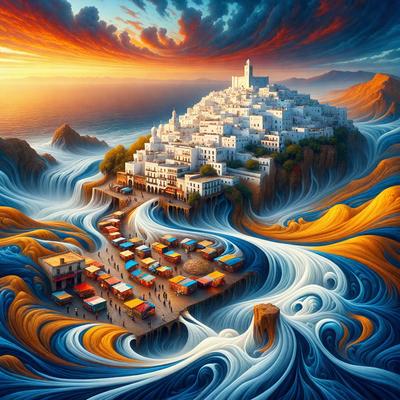 The primary subject of the image is a large, colorful painting of a city with a castle-like structure on top of a hill. The setting is a beautiful beach with a blue ocean in the background. The visual style is a mix of digital art and illustration, creating a vibrant and lively atmosphere. The dominant colors are blue, orange, and white, with the blue ocean and orange sky adding to the overall mood of the painting.